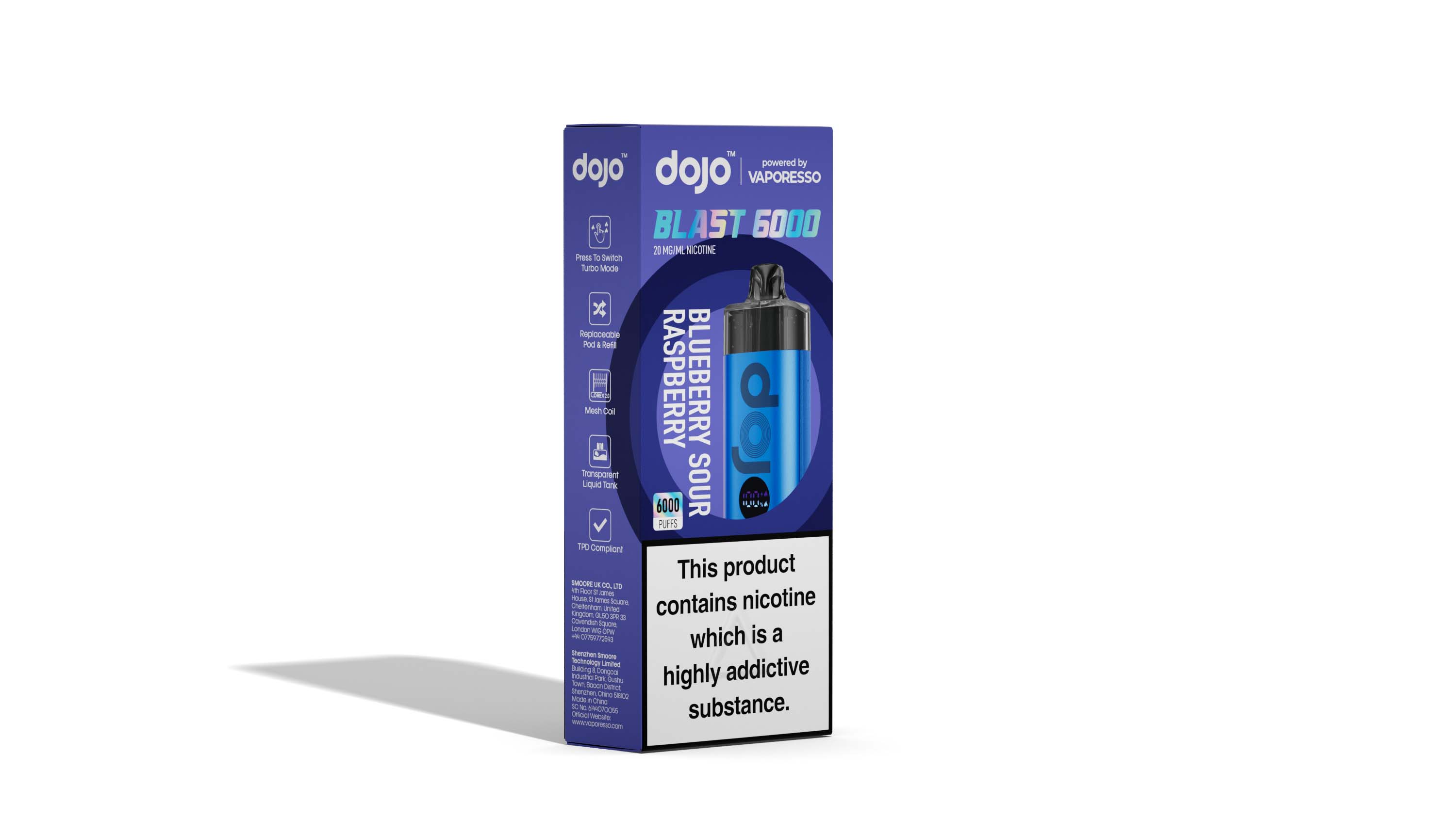 Vaporesso DOJO Blast 6000 Pod Vape Kit 12ml - Blueberry Sour Raspberry The Vape Escape Wales & England Vaporesso DOJO Blast 6000 Pod Vape Kit 12ml - Blueberry Sour Raspberry The Vape Escape Wales & England