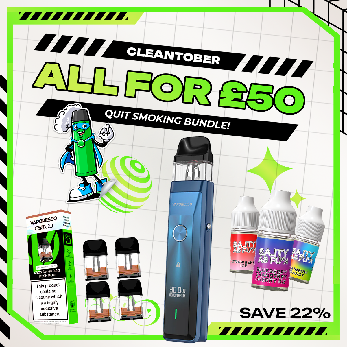 Cleantober Kit Set ⚡️SAVE 22%⚡️ Vaporesso Xros Pro Kit, a Pack of Pods & 3 Free Liquids
